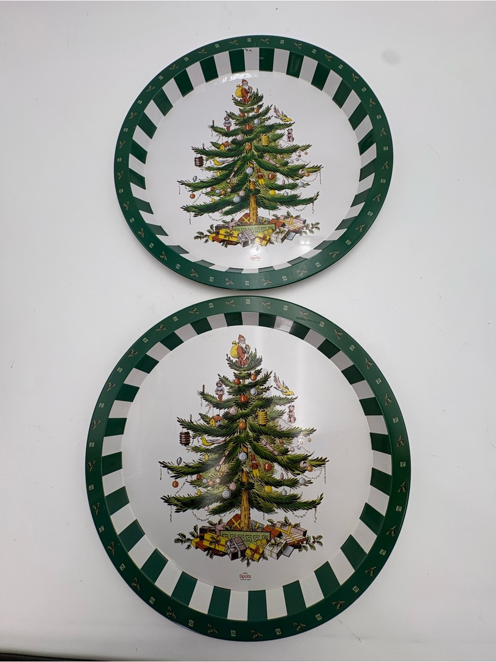 Two Spode Green-Trim Christmas Tree Serving Tin Trays -12” Diameter